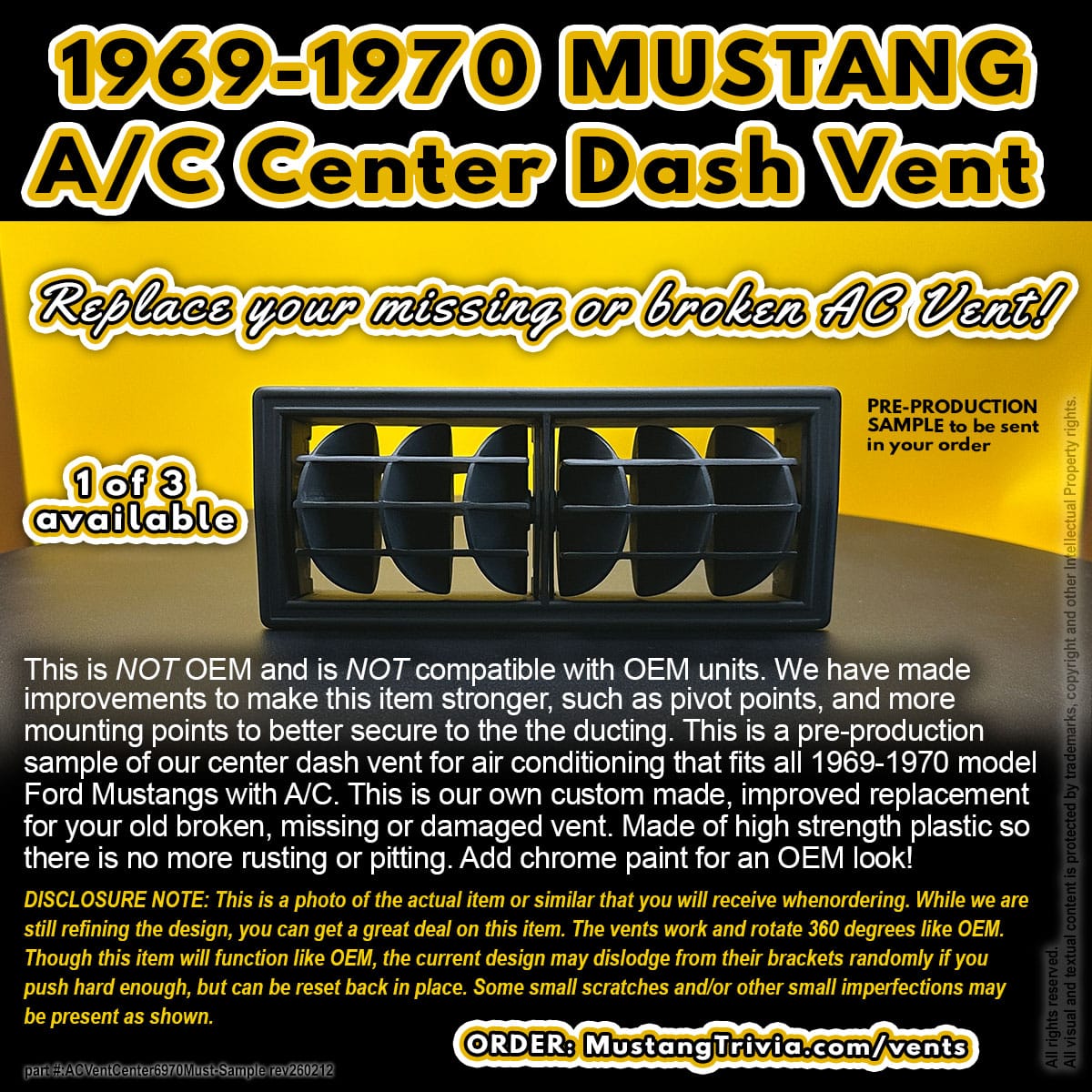 1969-1970 MUSTANG A/C Center Dash Vent