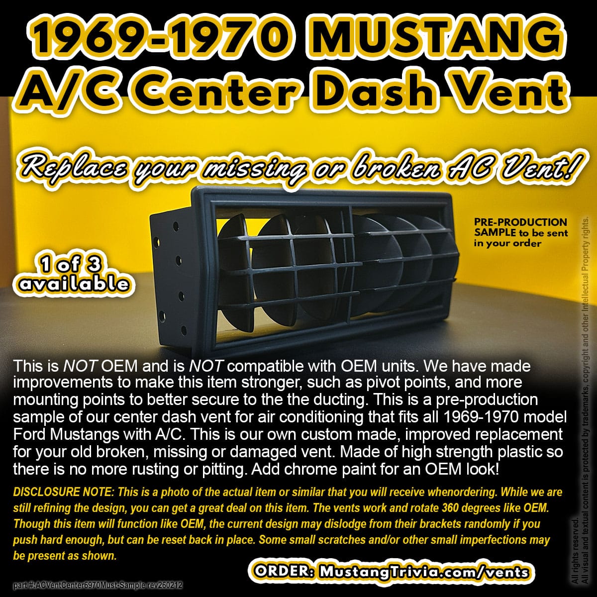 1969-1970 MUSTANG A/C Center Dash Vent